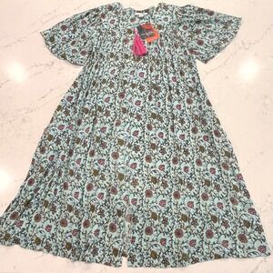 Go Softly NEW Patio Dress Full Zip Womens‎ M Aqua Floral Rayon Crinkle Lounge